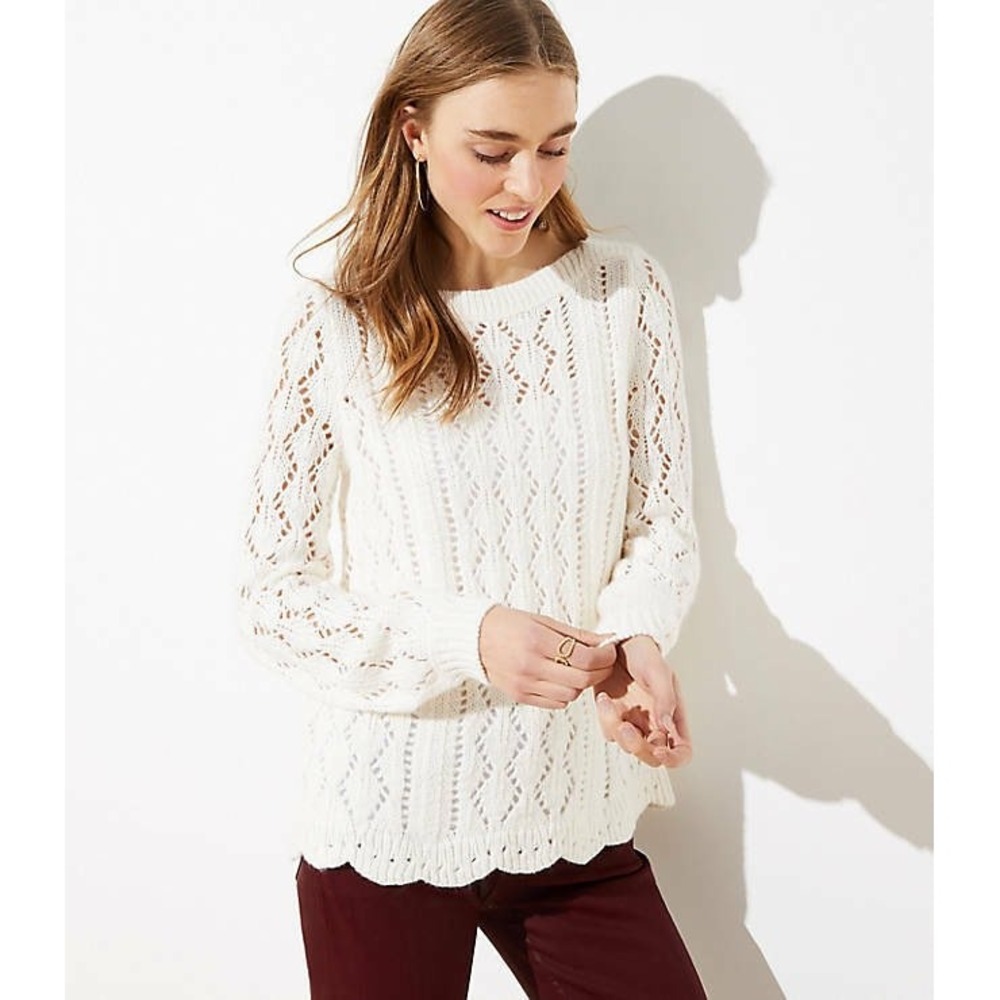 LOFT Women Cream White Pointelle Knit Scalloped Hem Pullover Sweater Small